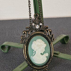 Necklace Cameo Woman - Brass Tone Green and White Resin Filigree Victorian